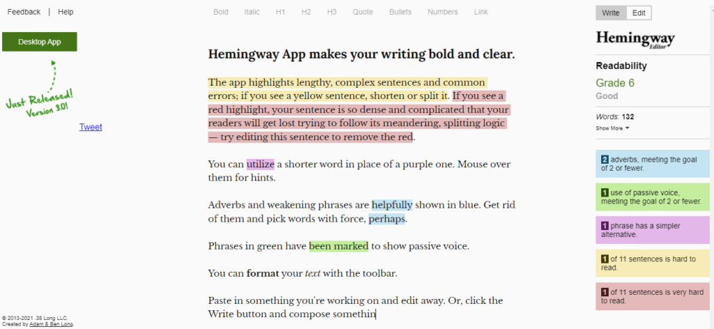 Hemingway editor app for blog 